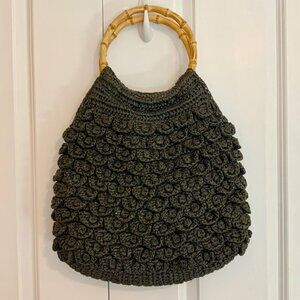 J. Crew Black Straw Hobo Bag Tote Double Bamboo Handles Large